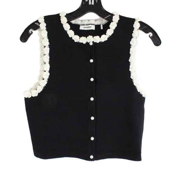 NWT Sandro Fleuri Sleeveless Cardigan with Floral Trim & Faux Pearls Size 2 - Picture 1 of 9